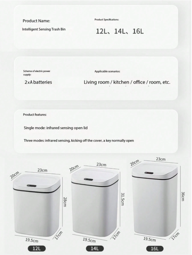 Smart Sensor Automatic Trash Can with Lid, Infrared Touchless Garbage Bin, Waterproof Odor-Resistant Waste Container for Kitchen, Bathroom, Office, Bedroom – 12L/14L/16L - Image 5